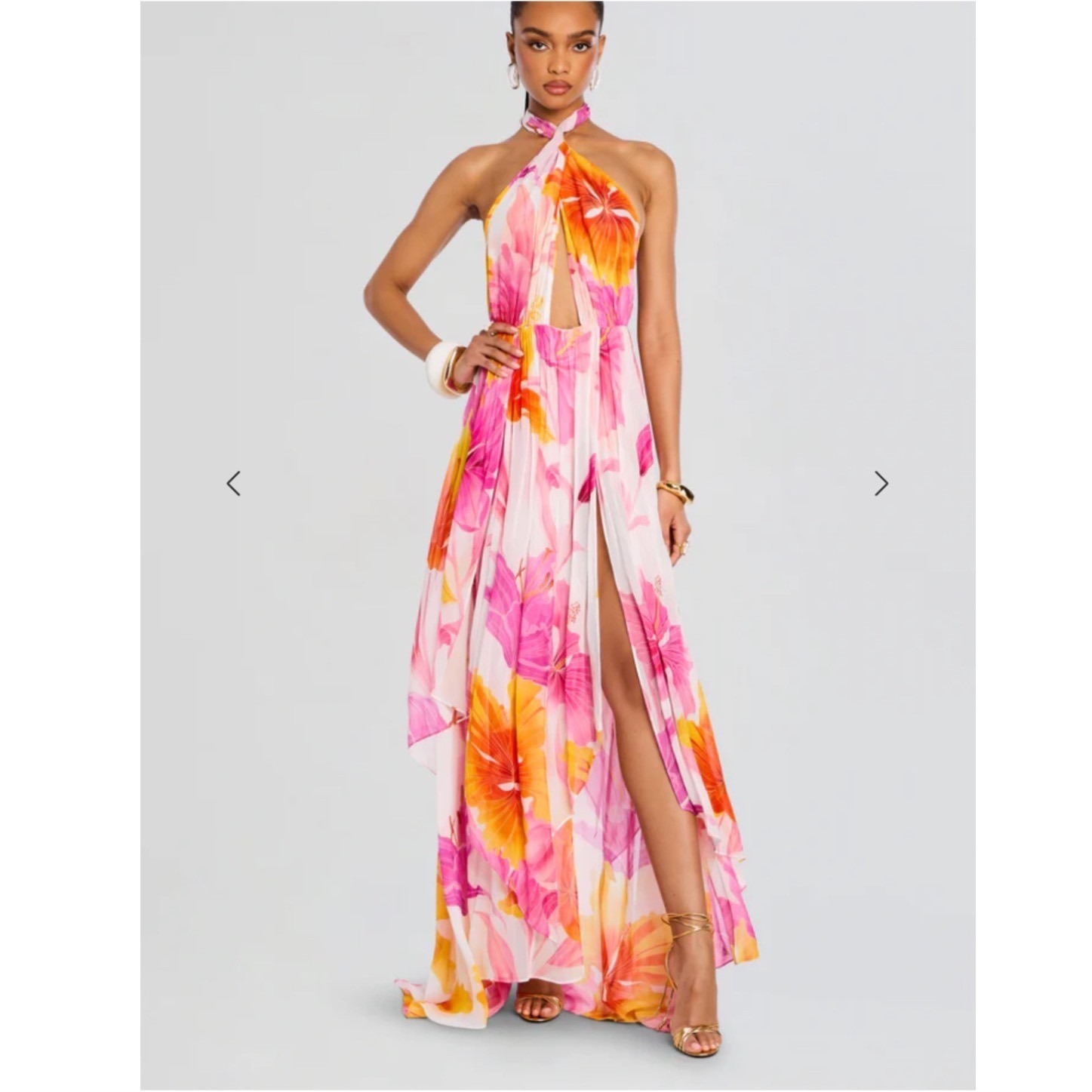Retrofete Ina Chiffon Dress Bianco Primavera Floral Halter Maxi Bodysuit Pink L